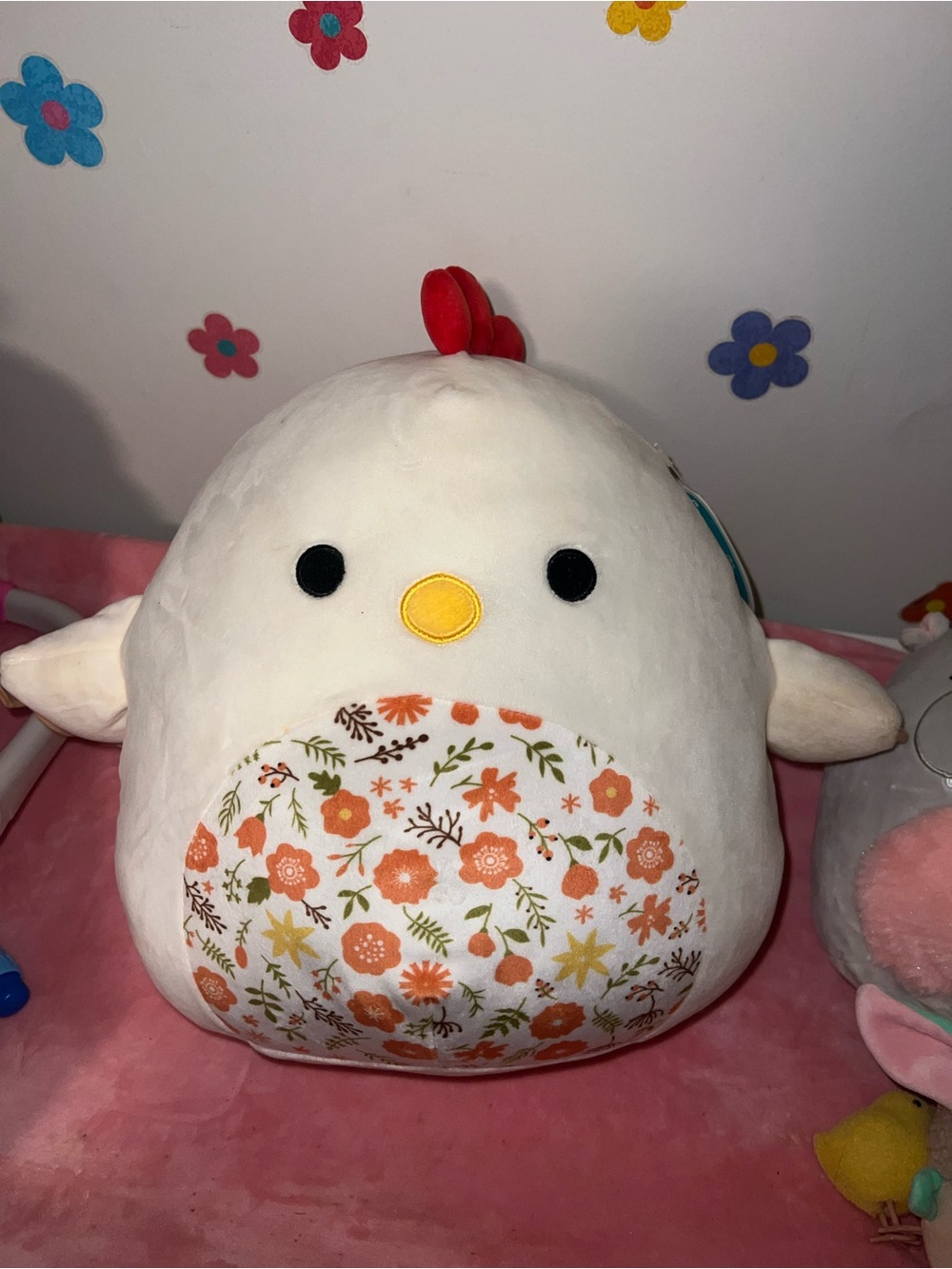 White Plush Chicken Stuffed Animal with Orange Floral Belly Squishmallow